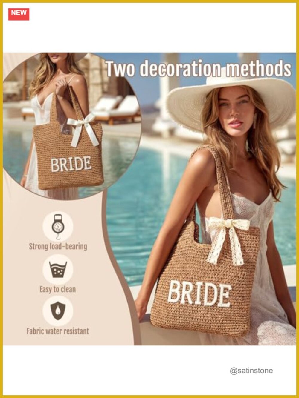 BRIDE Straw Tote Bag Rhinestone Patch Lace Bow Hair Tie Beach Honeymoon Wedding - Picture 3 of 7